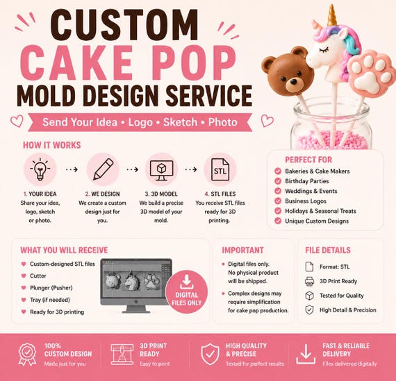 Custom Cake Pop Mold Design Service | Send Your Logo, Sketch or Idea | Personalized STL Files for 3D Printing – (Digital Download)