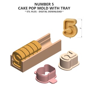 Number 5 Cake Pop Mold with Tray STL Files – 5th Birthday Cake Pop Cutter & Plunger – 3D Printable Digital Download