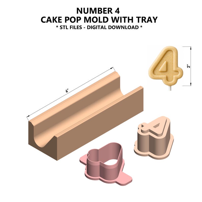 Nummer 4 Cake Pop Mould mit Tablett STL - Geburtstagszahlen Ausstechform & Plunger - 3D Druckbarer digitaler Download Bild 2