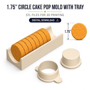 Op de afbeelding: Een 1,75-inch ronde cake pop vorm met tray, inclusief digitale STL-bestanden voor 3D-printen. De set bevat een beige rechthoekige tray met meerdere oranje ronde cake pops en twee afzonderlijke beige ronde vormonderdelen.