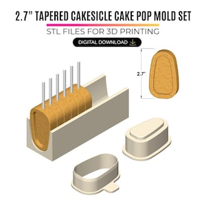 Puede incluir: Un juego de moldes cónicos para cakesicles de 2.7 pulgadas para impresión 3D, con archivos STL de descarga digital. Incluye una bandeja de molde clara con seis cakesicles color canela en palitos y dos piezas de molde separadas.