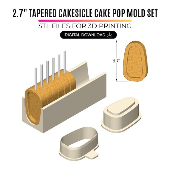 2.7" Tapered Cakesicle Cake Pop Mold STL with Tray, Cutter and Plunger(Embosser) –  Stuffed Cake Pop Mold for 3D Printing – Digital Download