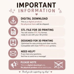 May include: A digital product information graphic with text and icons. The text includes "DIGITAL DOWNLOAD", "STL FILE FOR 3D PRINTING", and "DESIGNED FOR 3D PRINTING". The graphic also states "No physical item will be shipped."