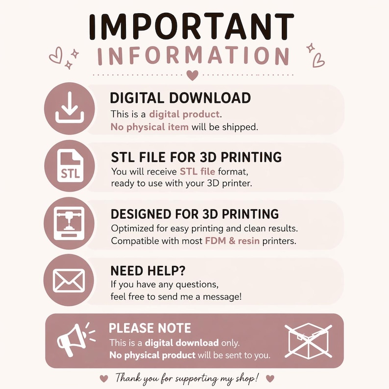May include: A digital product information graphic with text and icons. The text includes "DIGITAL DOWNLOAD", "STL FILE FOR 3D PRINTING", and "DESIGNED FOR 3D PRINTING". The graphic also states "No physical item will be shipped."