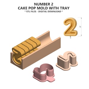 Number 2 Cake Pop Mold with Tray STL – 2nd Birthday Cake Pop Cutter & Plunger – 3D Printable Digital Download