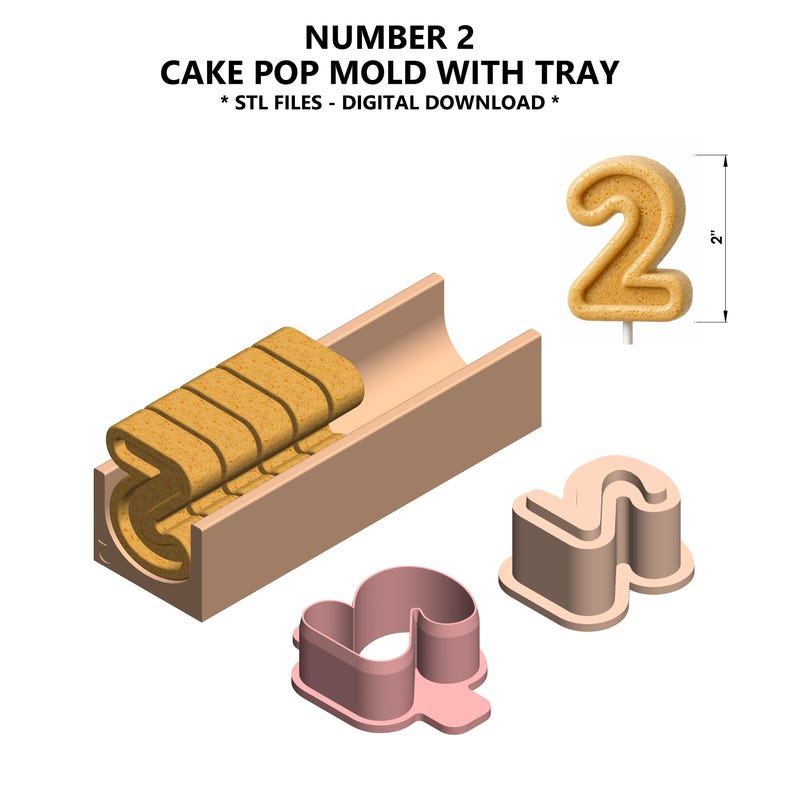 Puede incluir: Un juego de moldes para cake pops con bandeja, con un dise&ntilde;o del n&uacute;mero 2. El juego incluye una bandeja, un cake pop con el n&uacute;mero 2 y dos cortadores con el n&uacute;mero 2. El texto "NUMBER 2 CAKE POP MOLD WITH TRAY" y "* STL FILES - DIGITAL DOWNLOAD *" son visibles.