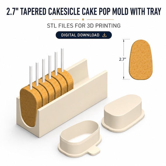 2.7" Tapered Cakesicle Cake Pop Mold STL with Tray, Cutter and Plunger – Cake Pop Mold for 3D Printing – (Digital Download)