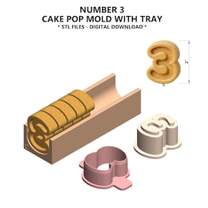 Number 3 Cake Pop Mold with Tray STL – 3rd Birthday Cake Pop Cutter & Plunger – 3D Printable Digital Download