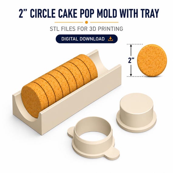 2" Circle Cake Pop Mold STL with Tray, Cutter and Plunger – Disc Cake Pop Mold for 3D Printing – (Digital Download)