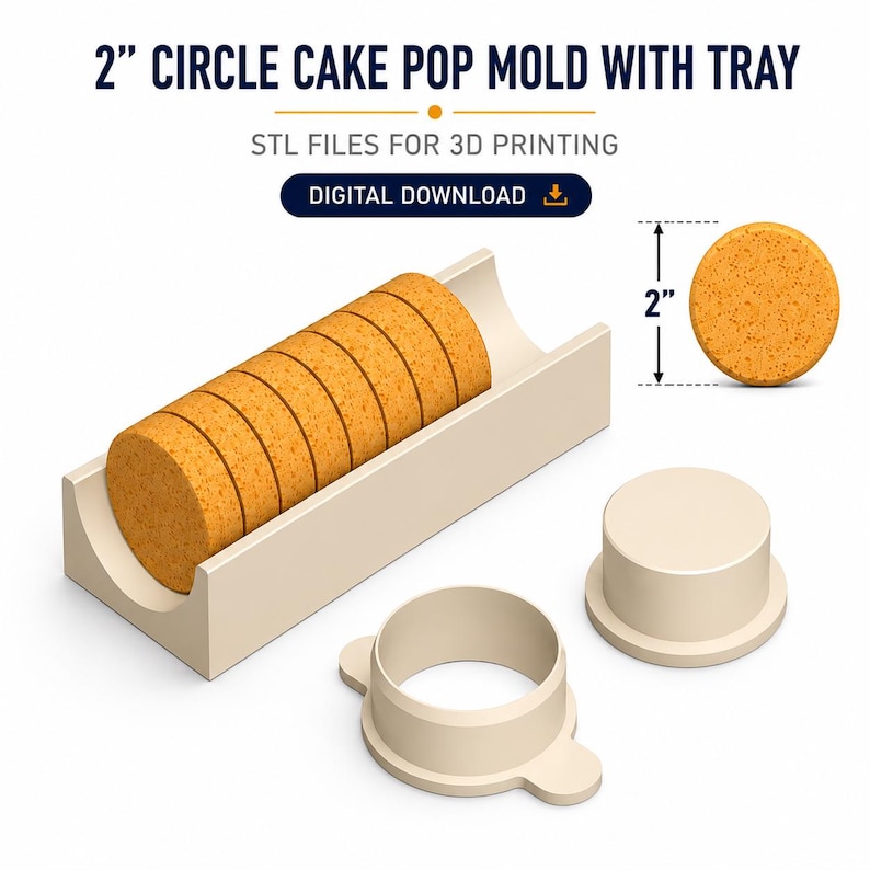 May include: A 2-inch circle cake pop mold with tray, presented as digital download STL files for 3D printing. The set includes a beige rectangular tray holding several orange circular cake pops, a circular mold, and a matching beige plunger tool.