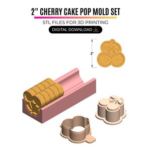 Könnte beinhalten: Ein 2" Kirsch-Cake-Pop-Formen-Set für den 3D-Druck als digitaler Download von STL-Dateien. Das Set enthält eine rosafarbene rechteckige Ablage mit sandfarbenen, kirschförmigen Ausstechformen sowie passende Formteile für die Herstellung.