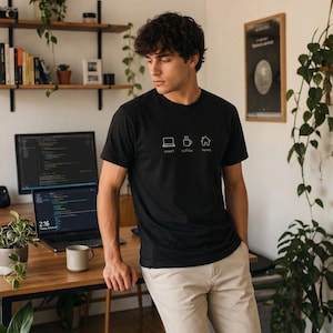 Home life comfort branded T-Shirt | Minimalist Coffee Laptop Home Office Design | Unisex Casual Tee for Remote Work and Study