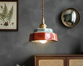 Suspension vintage en céramique | Lampe suspendue en cuivre peinte à la main | Plafonnier style ferme | Suspension nordique pour salle à manger | Éclairage de cuisine