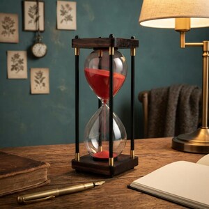 May include: An hourglass with a dark wood frame and brass accents, featuring clear glass bulbs filled with vibrant red sand. The hourglass is structured with four vertical black pillars connecting the square top and bottom wooden bases.