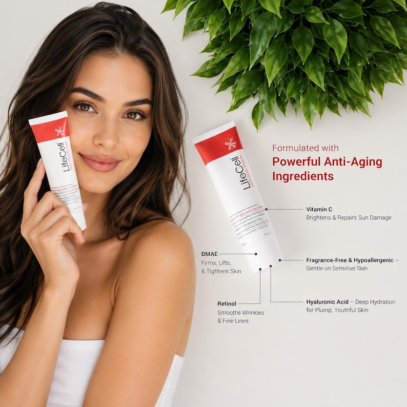 Pu&ograve; includere: Una donna tiene in mano due tubetti di crema anti-et&agrave; LifeCell bianchi e rossi. I tubetti riportano ingredienti come vitamina C, retinolo e acido ialuronico. Il testo sull'immagine dice che la crema &egrave; senza profumo e ipoallergenica.