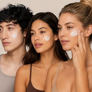Pu&ograve; includere: Tre persone con diverse tonalit&agrave; di pelle, ognuna con una crema bianca applicata sulla guancia. Le persone indossano top dai colori neutri. Lo sfondo &egrave; di colore beige chiaro uniforme.