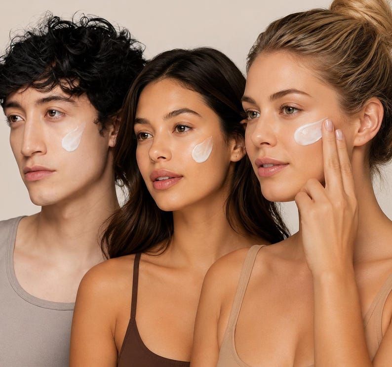 Pu&ograve; includere: Tre persone con diverse tonalit&agrave; di pelle, ognuna con una crema bianca applicata sulla guancia. Le persone indossano top dai colori neutri. Lo sfondo &egrave; di colore beige chiaro uniforme.