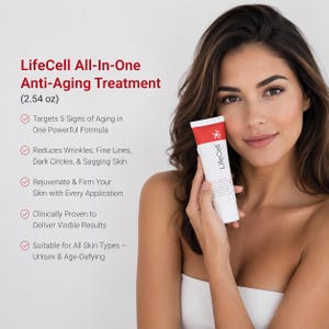 Pu&ograve; includere: Una donna tiene in mano un tubetto bianco e rosso di LifeCell All-In-One Anti-Aging Treatment (72 g). L'etichetta del prodotto &egrave; visibile. Il testo a sinistra elenca i benefici: riduce le rughe, rassoda la pelle ed &egrave; adatto a tutti i tipi di pelle.
