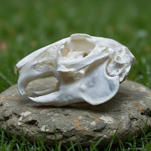 May include: A white animal skull, possibly a rabbit or rodent, rests on a gray stone. The skull is detailed, showing the eye sockets, teeth, and jaw structure. The background is blurred green grass.