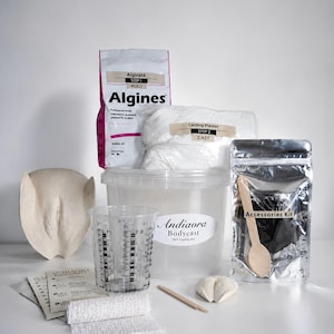 Op de afbeelding: Een lichaamsafgietselset met een doorzichtige plastic emmer met het label Andiaora Bodycast, een zak alginaat, een zak gietgips, een accessoireset, een maatbeker, een houten lepel, een houten stokje, gipsverband en twee afgietselvoorbeelden.