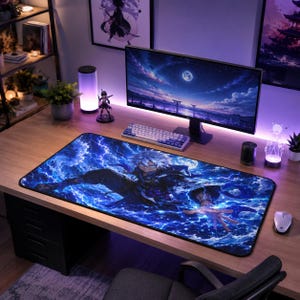 Lightning Anime Warrior Desk Mat, Blue Storm Gaming Mousepad, Office Desk Decor, Fantasy Battle Desk Pad, Gamer Gift, Large Mouse Pad