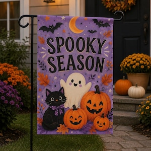 Söt Halloween-spökflagga för trädgården | Läskig svart katthusbanderoll | Utomhusträdgårdsdekoration dubbelsidig höstpumpa välkomstskylt present