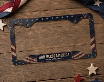 God Bless America Metal License Plate Frame, Patriotic American Flag Car Accessories, Fireworks Auto Tag Holder Gift