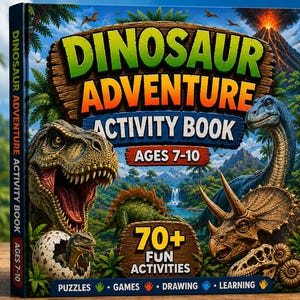 May include: A Dinosaur Adventure Activity Book for ages 7-10 featuring a T-Rex, a long-necked dinosaur, and a triceratops in a prehistoric landscape with a volcano. The cover displays 70+ fun activities, including puzzles, games, drawing, and learning.