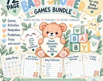 Baby Shower Games Bundle Printable, 72 Page Baby Shower Activity Book, Gender Neutral Baby Shower Games, Instant Download PDF