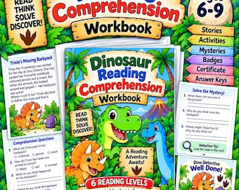 Dinosaur Reading Comprehension Workbook Ages 6-9 | Reading Activities & Passages | 6 Levels | Kids Printable PDF | Homeschool