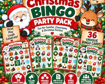 Christmas Bingo Game Printable, 36 Bingo Cards, Family Christmas Party Games, Classroom Holiday Bingo, Kids & Adults