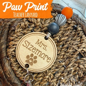 Paw Print Lanyard, Breakaway Teacher Lanyard, Lanyard with Name, Personalized Lanyard, Customized Teacher Lanyard, Wooden engraved lanyard