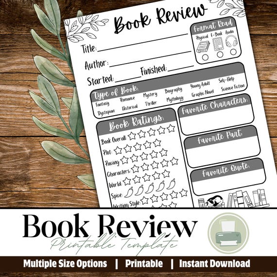 Printable Book Review Template, Book Review Journal Page, Digital Book Review, Book Review Page, Reading Planner Insert