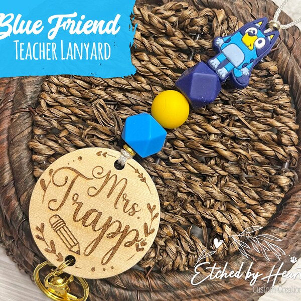 Blue Friend Teacher Lanyard, Lanyard with Name, Personalized Lanyard, Lanyard with beads, Breakaway Lanyard, Wooden Teacher Lanyard
