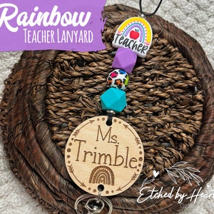 Rainbow Teacher Lanyard, Lanyard with Name,  Personalized Lanyard, Lanyard with beads, Breakaway Lanyard,  Wooden Teacher Lanyard