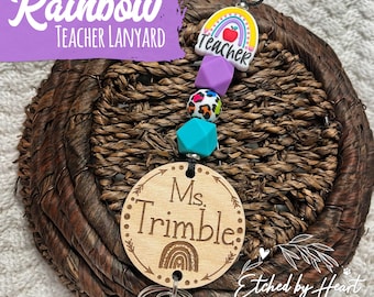 Rainbow Teacher Lanyard, Lanyard with Name,  Personalized Lanyard, Lanyard with beads, Breakaway Lanyard,  Wooden Teacher Lanyard