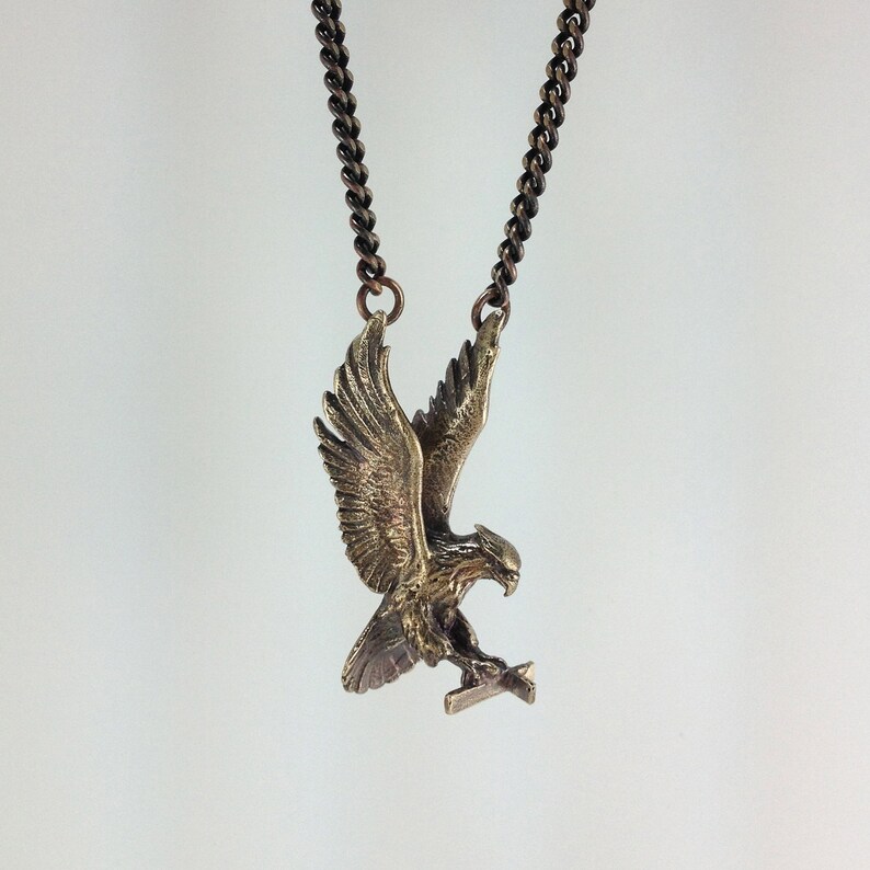 Brass American Eagle Animal Textured Pendant Necklace