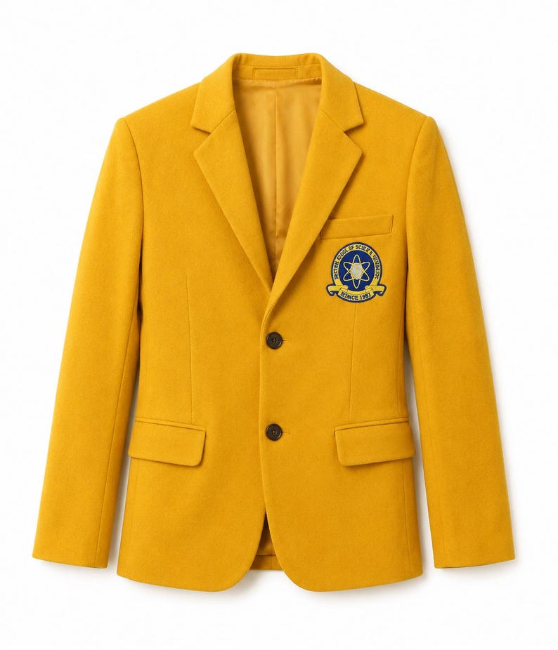 Puede incluir: Blazer amarillo mostaza con cierre de dos botones y solapa de muesca. El blazer presenta un parche en el pecho con un emblema azul y dorado. Tiene dos bolsillos delanteros y un forro interior amarillo.