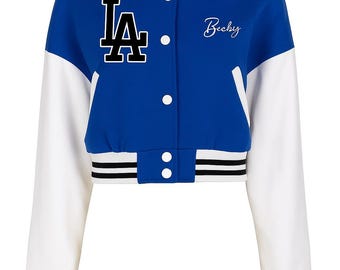 Blue White Cropped Varsity Jacket for Women – Custom Letterman Bomber Jacket Y2K Streetwear