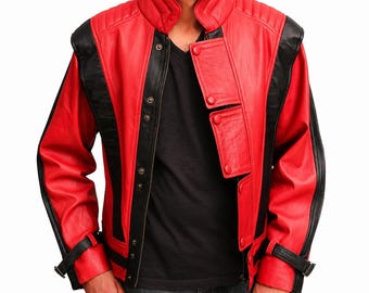 マイケル・ジャクソン スリラー レッドレザージャケット メンズ | レトロ 80年代 レッド＆ブラックレザージャケット | ハロウィンコスチューム コスプレギフト