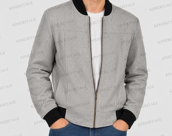 Herr grå ullbomberjacka vintage minimalistisk dragkedja vinterkappa casual streetwear jacka retro mode ytterkläder present till honom