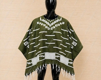 Poncho mexicano verde para hombre y mujer, capa con estampado azteca bohemio, atuendo para festivales, chal poncho tribal, poncho étnico con flecos, idea de regalo