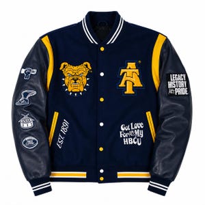 HBCU Varsity Jacket Aggie Pride Bulldog Letterman Navy Gold Wool Leather Unisex