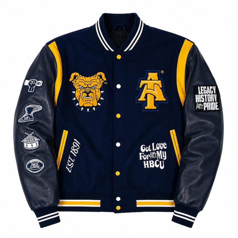 HBCU Varsity Jacket Aggie Pride Bulldog Letterman Navy Gold Wool Leather Unisex