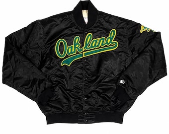 Mens Oakland A's Satin Bomber Jacket Vintage Black Baseball Jacket Retro Athletics Varsity Jacket 90s Streetwear Gift