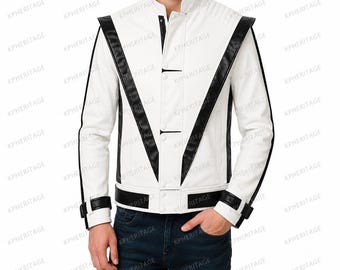 Michael Jackson Inspired White Leather Jacket for Men, King of Pop Style Costume Jacket, Black V Stripe Biker Jacket, Concert Cosplay Outfit