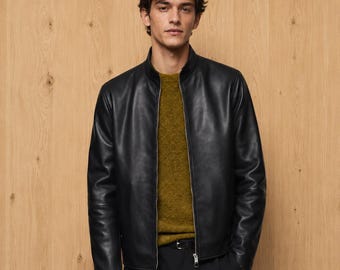 Men’s Black Leather Jacket | Minimalist Cafe Racer Jacket for Men | Premium Casual Biker Jacket | Modern Slim Fit Leather Coat Gift for Him