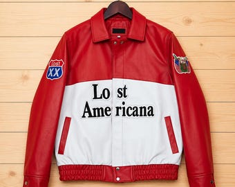 Red Leather Jacket Men Vintage Lost Americana Style Biker Jacket Streetwear Retro Racing Jacket Genuine Leather Coat