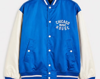 Men's Varsity Jacket Blue White, Letterman Baseball Jacket, Satin Bomber Coat, Retro College Jacket, Streetwear Clothing