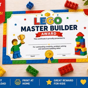 Puede incluir: Un certificado de premio LEGO Master Builder con un borde colorido y el texto "LEGO MASTER BUILDER AWARD". El certificado incluye una figura LEGO sosteniendo un trofeo y una torre hecha de ladrillos LEGO. Ladrillos LEGO dispersos.